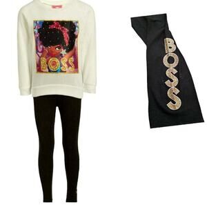NWT Girls Luv Pink  White 'Boss' Sweatshirt & Black 'Boss' Leggings  Size 4